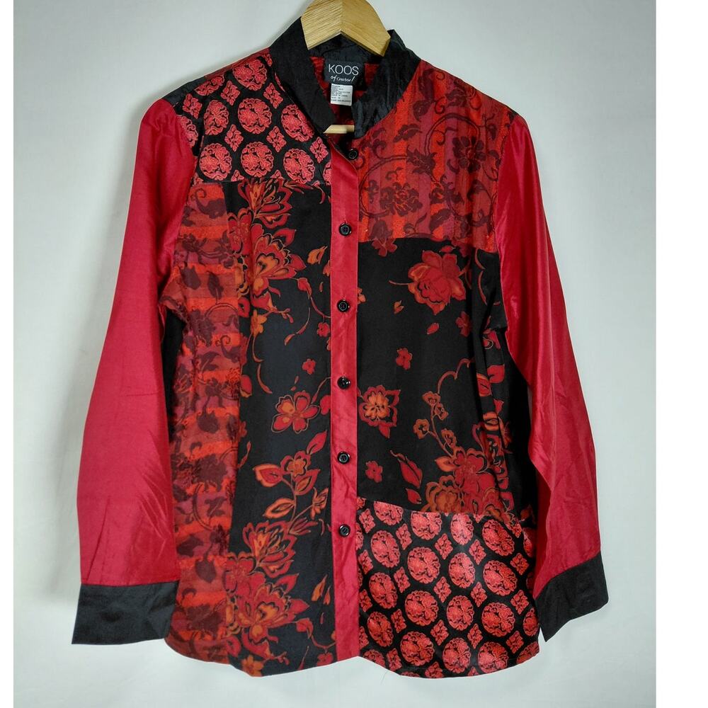 Koos of Course 100% Silk Red Floral Satin Lightweight Blouse Women Size M